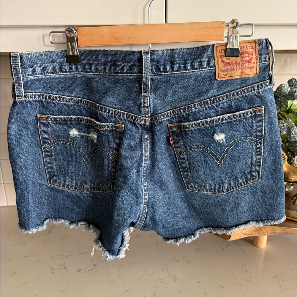 Levi's 501 Distressed Dark Blue Denim Cutoff Shorts - Picture 2 of 6